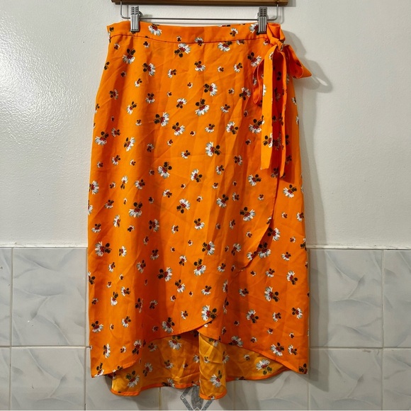 Loft Womens Side Tie Wrap Skirt Midi Orange Size 6P Floral Fairy Office Casual - Picture 1 of 8